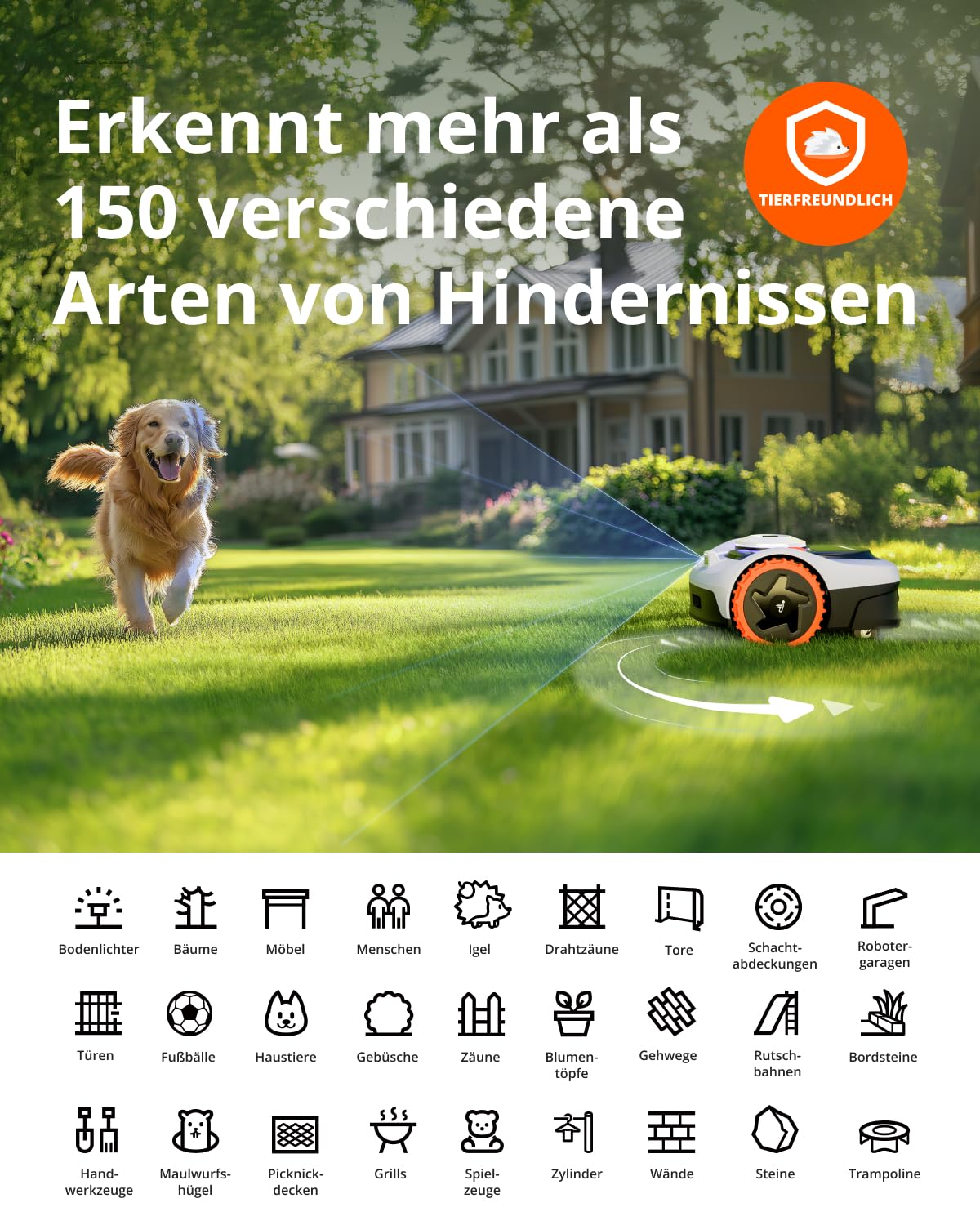 Navimow i105E Mähroboter ohne Begrenzungskabel, Empf. 500 m², Max. 600 m², RTK+Vision Rasenmäher Roboter Testsieger, Igelschutz Rasenroboter, KI Auto Kartierung, Virtuelle Begrenzung, Mehrzonen